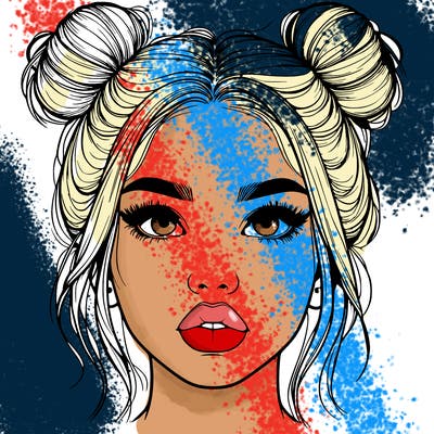 realistic girl with two buns on her hair and lips