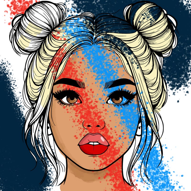 realistic girl with two buns on her hair and lips