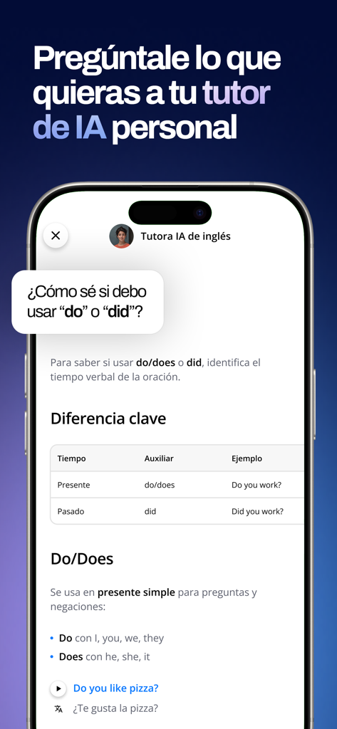 Master English - Interfaz de la aplicación Master English que muestra un tutor de IA explicando reglas gramaticales en español