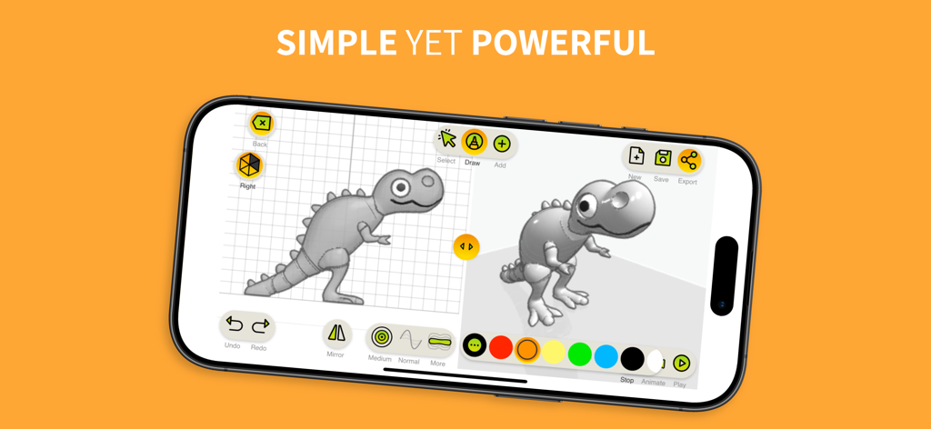 ToyCAD: Easiest 3D Drawing App - ToyCAD 앱 인터페이스에서 2D 공룡 스케치가 3D 모델로 변환되는 것을 보여주는 분할 화면