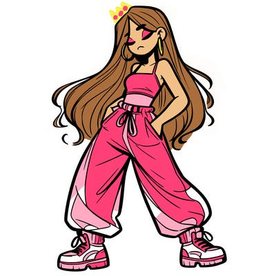 girl in baggy pants crop top and long hair