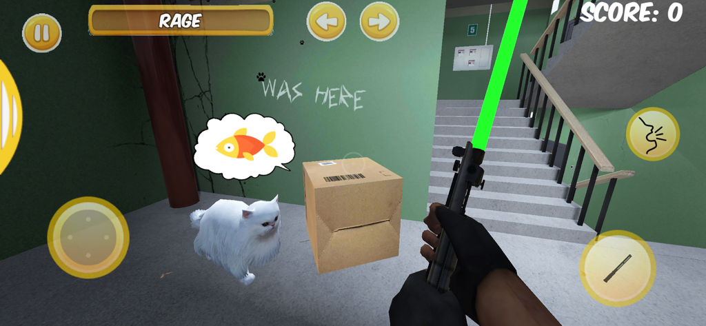Neighbors OGのゲームプレイの一人称視点。廊下で緑色のライトセーバーを持っているプレイヤーと白い猫が見える