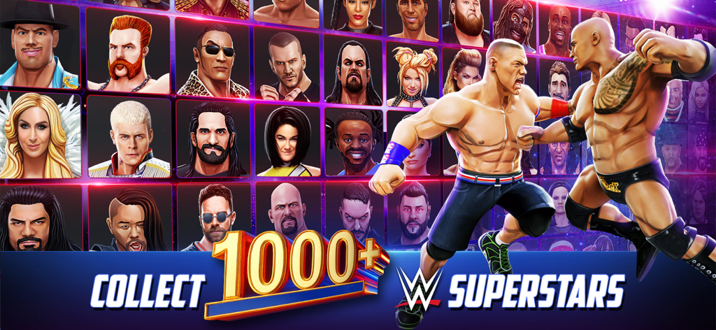 WWE Mayhem Werbebild mit John Cena und The Rock im Kampf vor einer großen Riege von Wrestlern