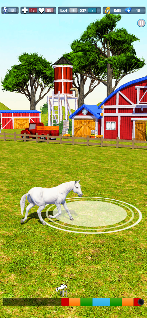 Wild Horse Riding: Horse Games - A white horse training in a green field near a red barn in a mobile simulation game