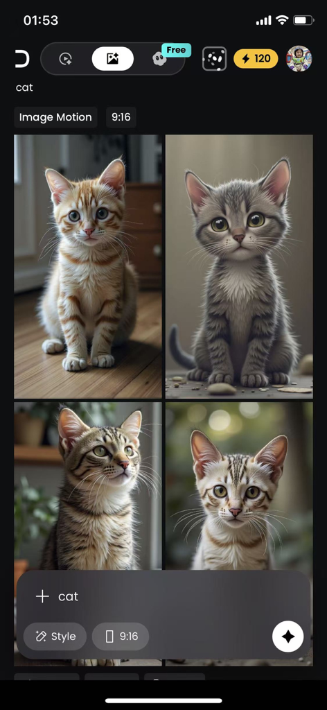 Interfaz de la aplicación móvil DIGEN mostrando una cuadrícula de cuatro imágenes de gatitos generados por IA basados en una indicación de texto