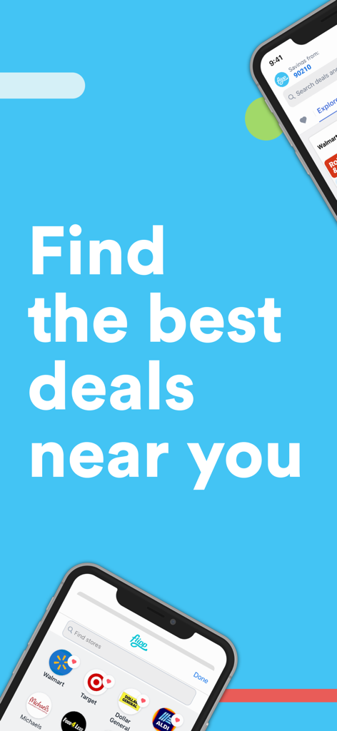 Interfaz de la aplicación Flipp en smartphones mostrando ofertas locales de comestibles de tiendas como Walmart y Target