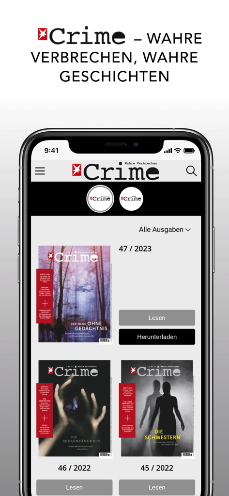 Schermata dello smartphone che mostra l'interfaccia dell'app stern Crime Magazin con vari numeri di riviste disponibili per la lettura e il download
