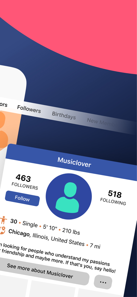 User profile screen on the Grokio Communities app showing personal details and followers