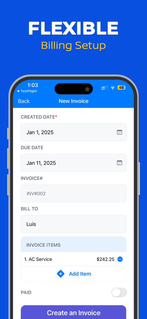 Invoice Maker: Receipt Tracker - Una interfaz de aplicación móvil que muestra la pantalla de configuración de facturación flexible para crear una nueva factura profesional, incluyendo fechas y elementos de servicio.