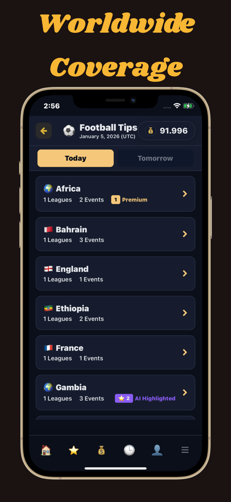 Interface of the Tsapou AI app showing global football league coverage and daily events across multiple countries