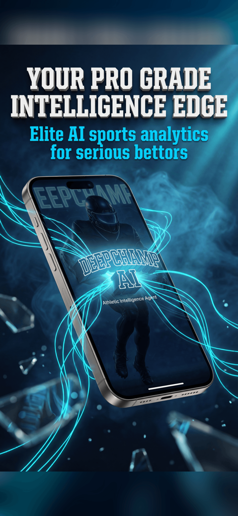 DeepChamp AI: Sports Betting - Teléfono inteligente mostrando la aplicación de apuestas deportivas DeepChamp AI con el titular Tu Ventaja de Inteligencia Profesional para análisis deportivo de IA de élite