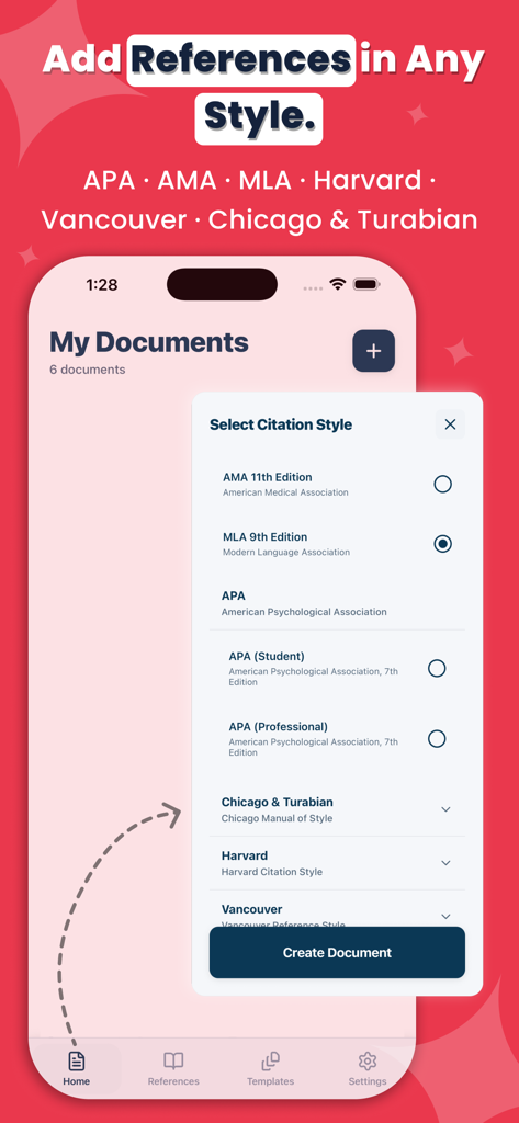 Academic Writing: Research AI - Interface do aplicativo móvel mostrando uma lista de estilos de citação acadêmica, incluindo APA, MLA e Chicago, para trabalhos de pesquisa