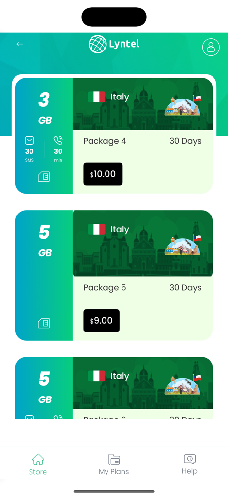 Lyntel eSIM - Lyntel app interface displaying various prepaid eSIM data packages for Italy including 3GB and 5GB plans