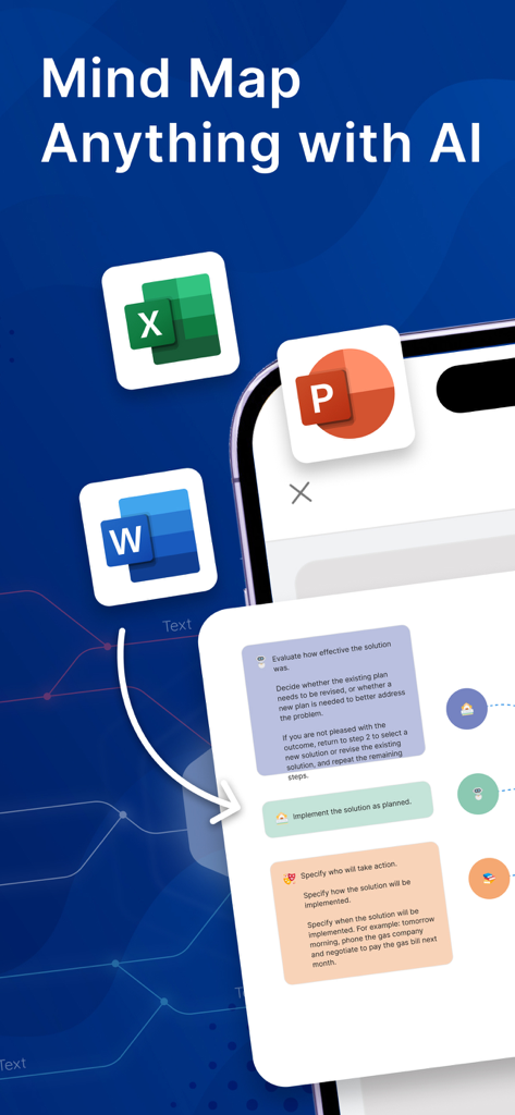 AI Mind Map: Visual Mind Node - Tela de smartphone exibindo um mapa mental gerado por IA a partir de documentos Word, Excel e PowerPoint