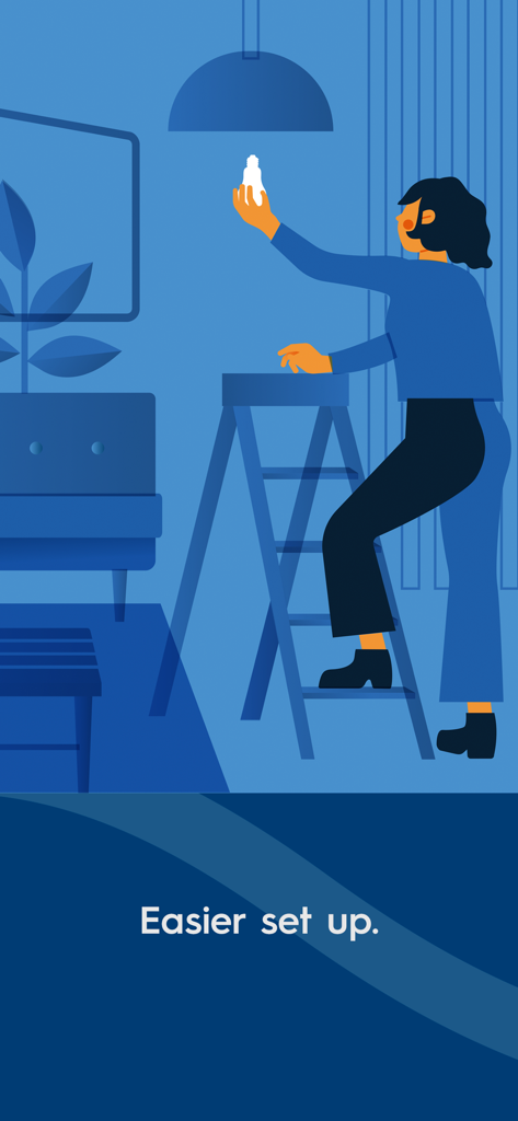 Cync (the new name of C by GE) - Illustration of a person on a ladder installing a smart light bulb with the text Easier set up
