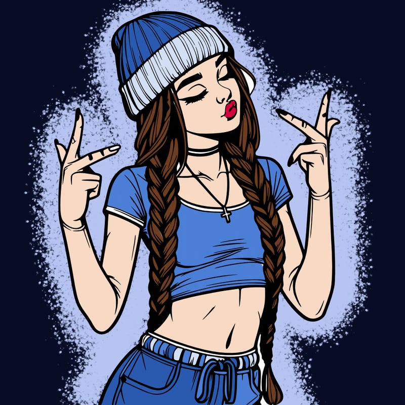 realistic teenage girl with braids and a beanie and crop top doing 🫶🏼