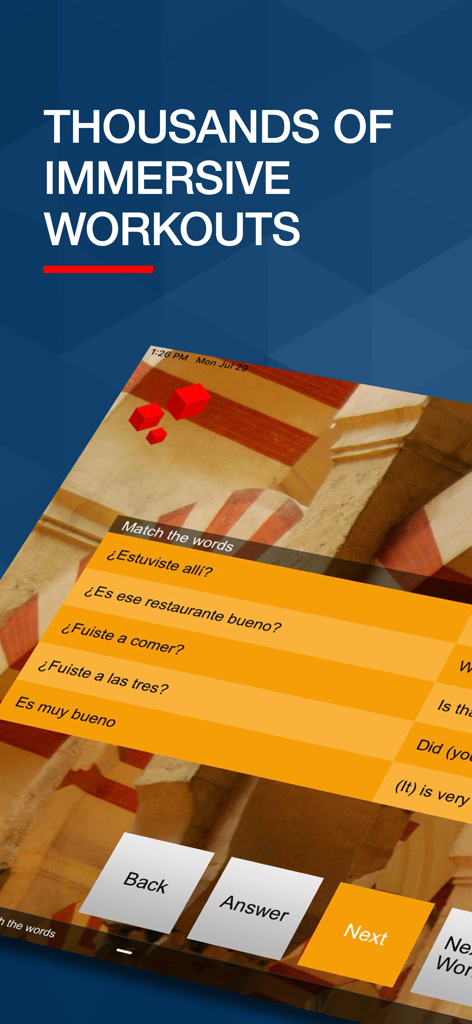 Fluenz - Fluenz app interface showing Spanish immersive workouts with sentence matching exercises for serious learners