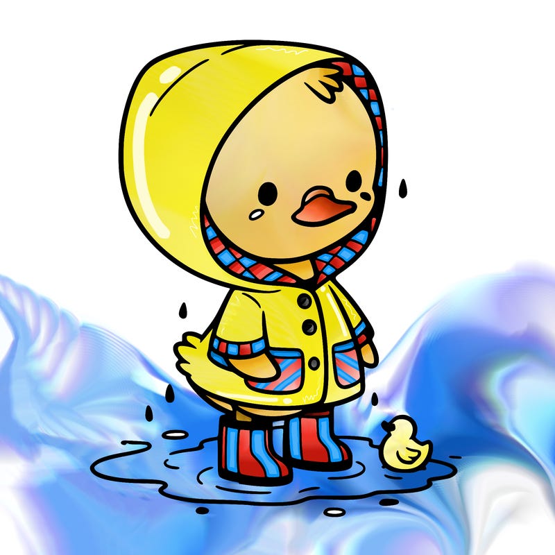 baby duck in a rain coat and boots, in a puddle while it’s raining