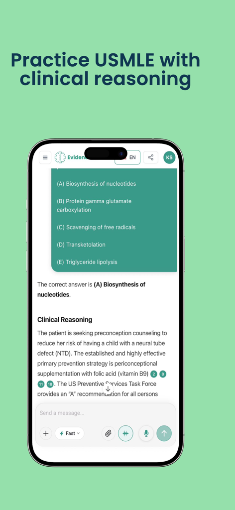 EvidenceMD- Medical Reasoning - A mobile interface showing a USMLE practice question with a detailed clinical reasoning explanation inside the EvidenceMD app