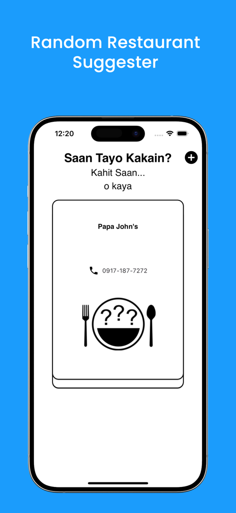 Saan Tayo Kakain? - Saan Tayo Kakain app interface showing a random restaurant suggestion
