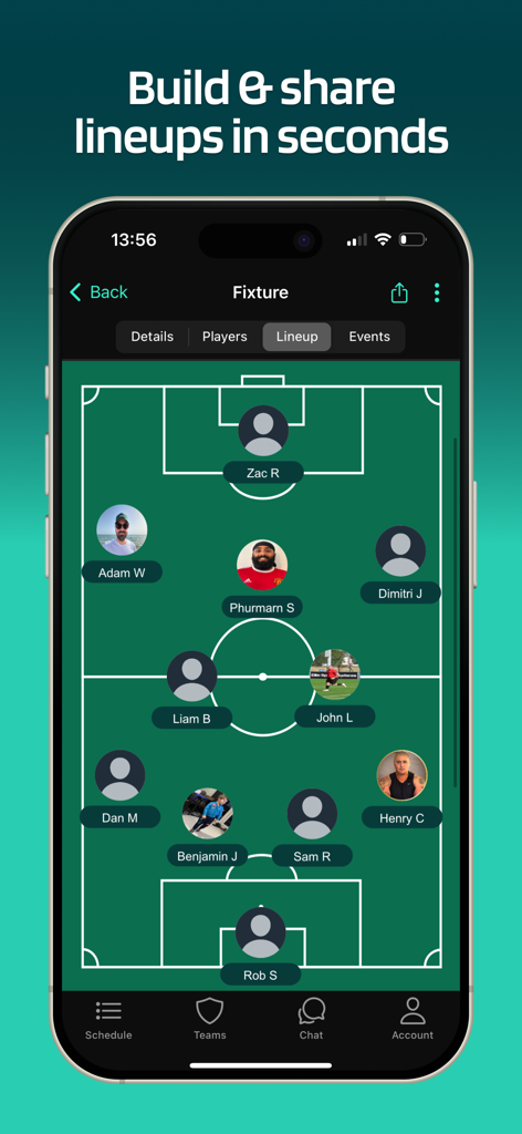 Lineup - Soccer Team App - Interfaccia dell'app mobile che visualizza la formazione di una squadra di calcio con avatar dei giocatori su un campo digitale
