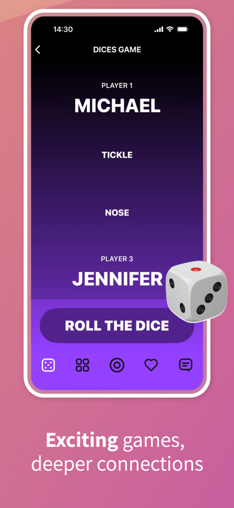 Zingy - Love at First Chat - Zingy app interface showing an interactive dice game between two users with the prompt to roll the dice.