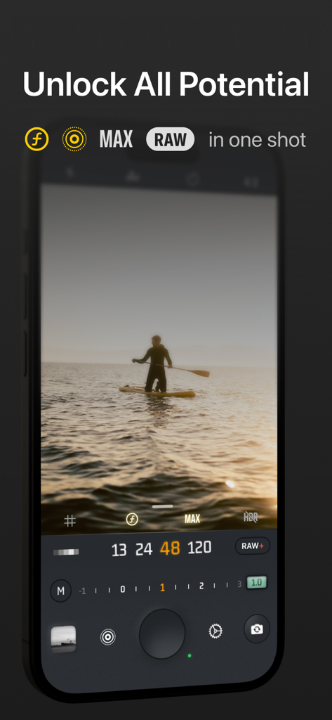 No Fusion-Powerful Pro Cam - Interface of the No Fusion app showing manual photography controls and a RAW shot of a person paddleboarding at sunset
