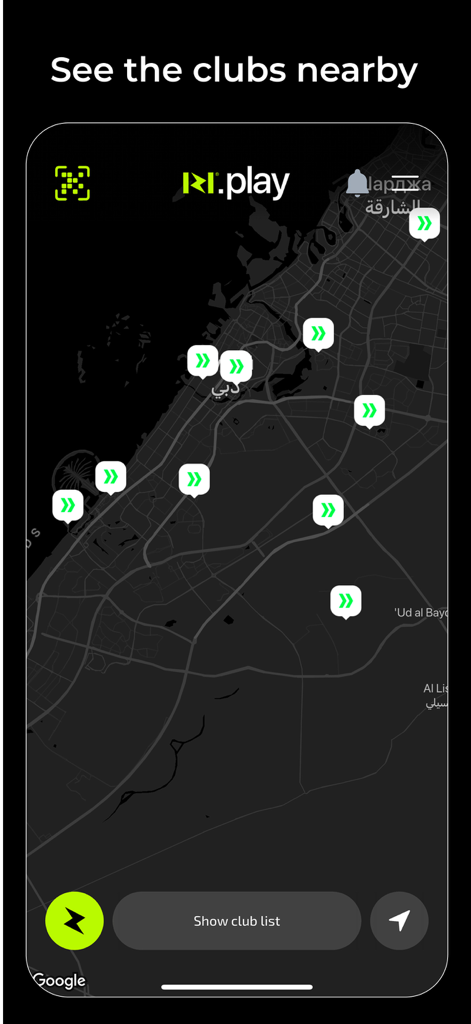 izi play app showing map with nearby gaming club locations