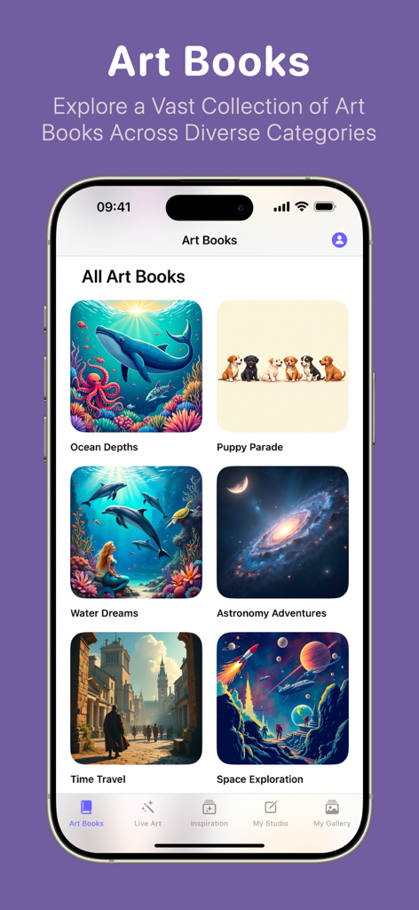 Kala: AI Art Coloring Book - Kala AI Art Coloring Book interface showing a collection of themed art books for coloring.