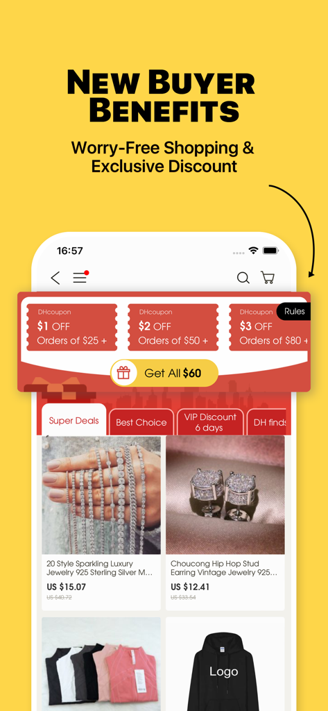 L'interface de l'application DHgate présente les avantages réservés aux nouveaux acheteurs ainsi que des coupons de réduction exclusifs pour les bijoux et les vêtements.