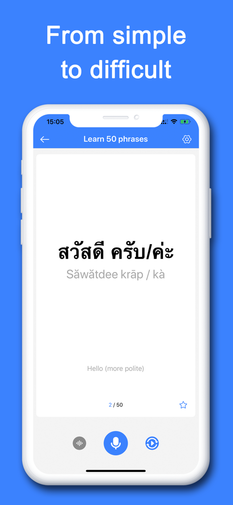 Schermata dell'app Thai Helper che mostra una frase tailandese di base per salutare con una guida alla pronuncia