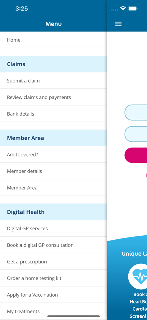 Laya App navigation menu showing options for insurance claims member area and digital health services