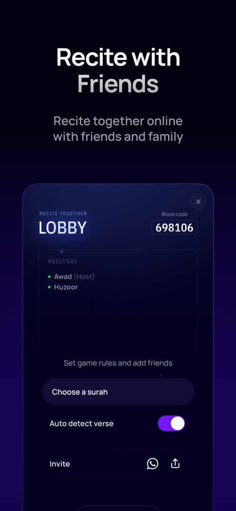 Nextayah app interface showing a lobby to recite Quran online with friends and family