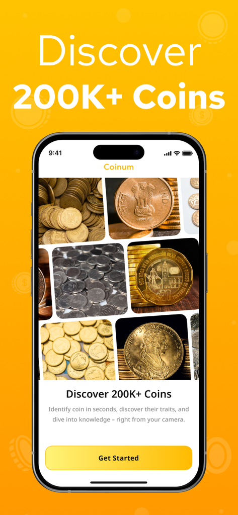 Coin Identifier - Coinum - Ein mobiler Bildschirm, der die Benutzeroberfläche der Coin Identifier - Coinum App mit einem Raster verschiedener Münzen und dem Text 'Discover 200K+ Coins' anzeigt.