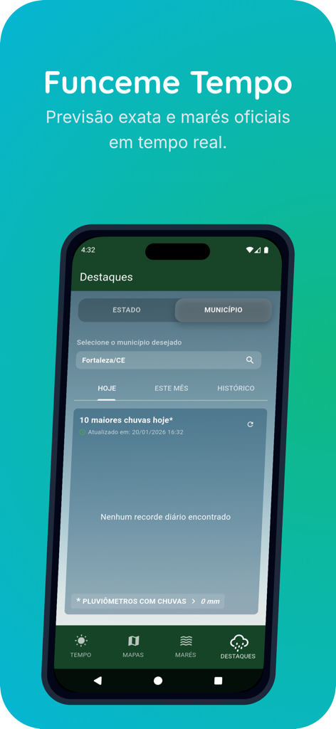 Funceme Tempo app highlights screen showing municipality rainfall data for Fortaleza Ceara