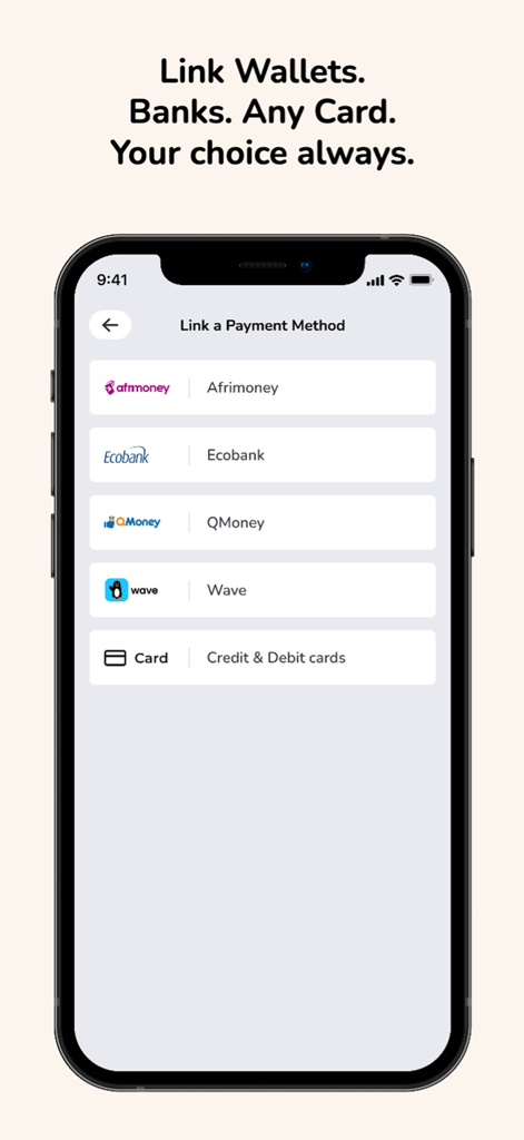 Waychit mobile app screen showing options to link digital wallets banks and credit cards