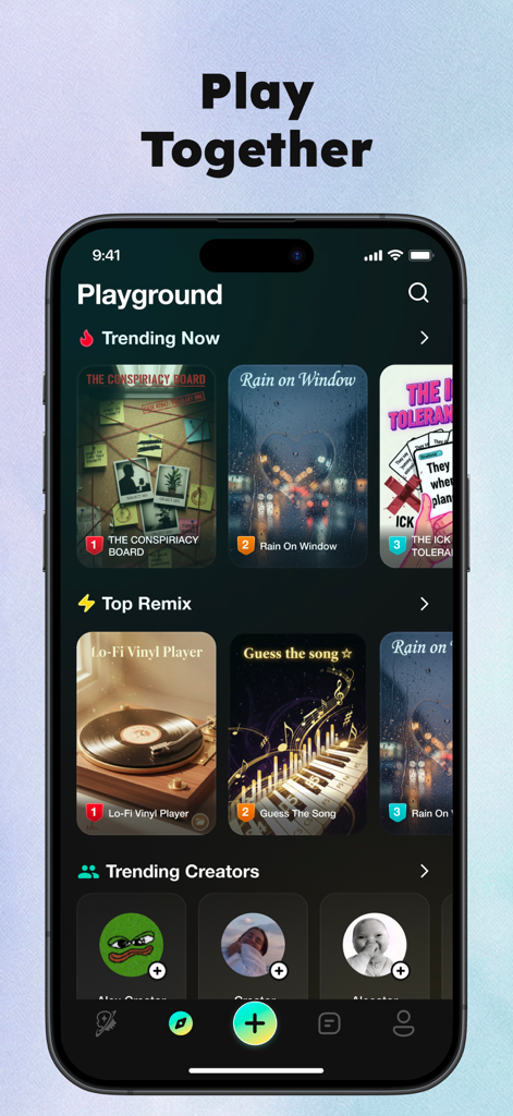 Interface of the Sekai app showing the Playground feed with trending interactive experiences and creators