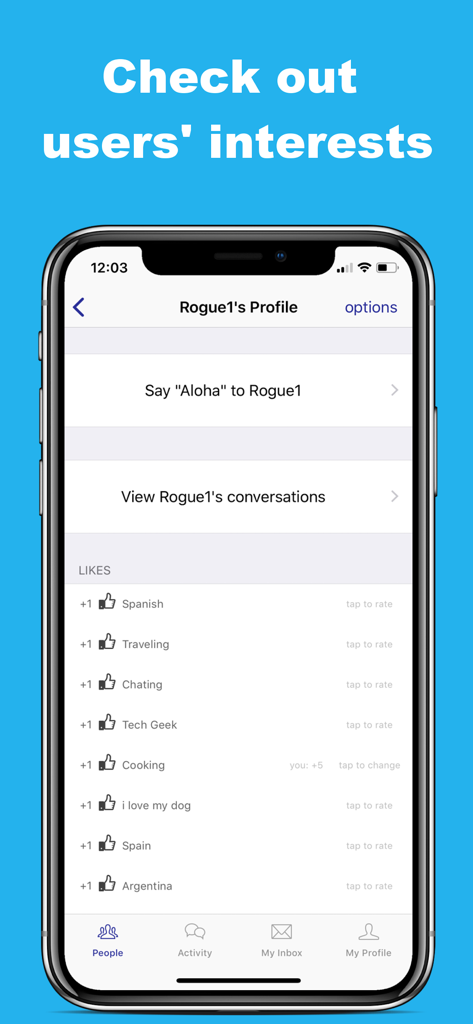 A screenshot of a user profile in the Bored Chat app showing personal interests and likes