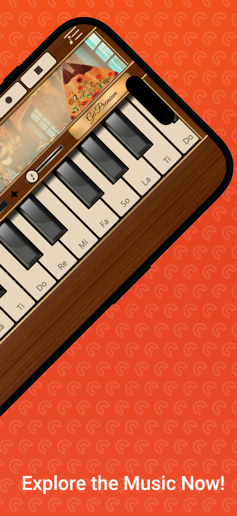 Balalaika - A close up view of the Balalaika simulator app interface showing a musical keyboard and traditional Russian folk art