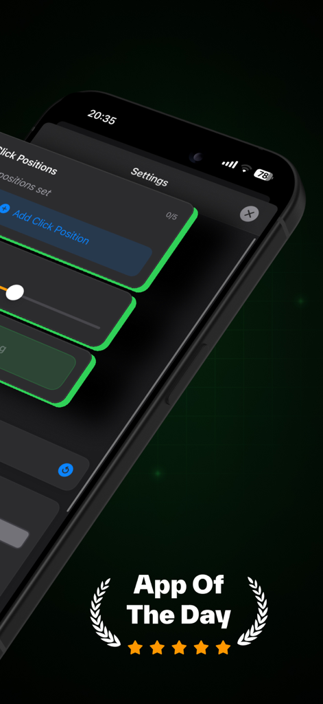Auto Clicker: Tapper - Interfaz de configuración de la aplicación Auto Clicker Tapper con la insignia del premio App del Día y controles de posición de clic.
