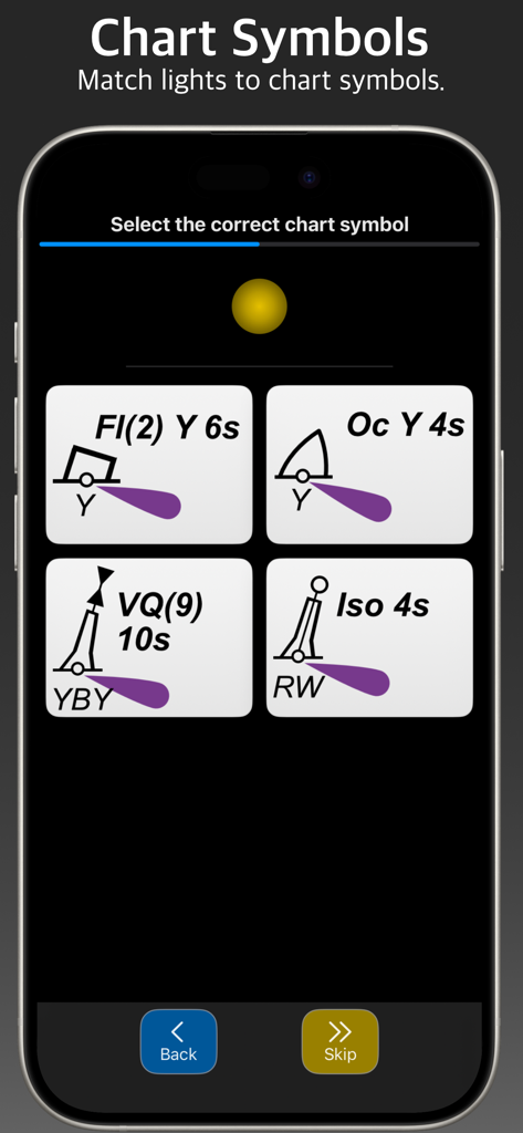 Screenshot of Master-Nav app showing a quiz to match lights to chart symbols for maritime buoyage education.