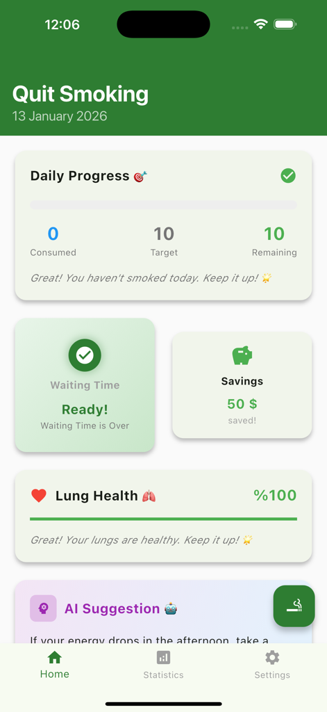 Smoke Log PureBreath dashboard displaying daily smoking progress savings and lung health status
