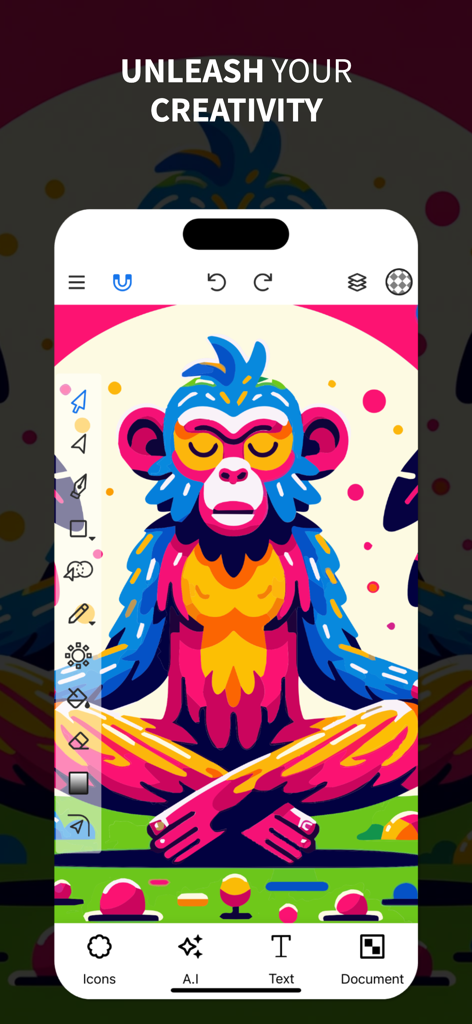 Vector Drawing & Logo Design - A mobile app interface for vector design showing a colorful illustration of a meditating monkey with editing tools