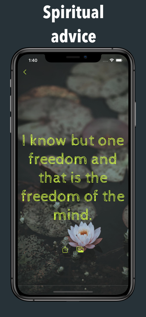 Love Quotes - Daily Reminders - Tela do smartphone exibindo uma citação espiritual sobre liberdade de mente sobre um fundo de nenúfares.