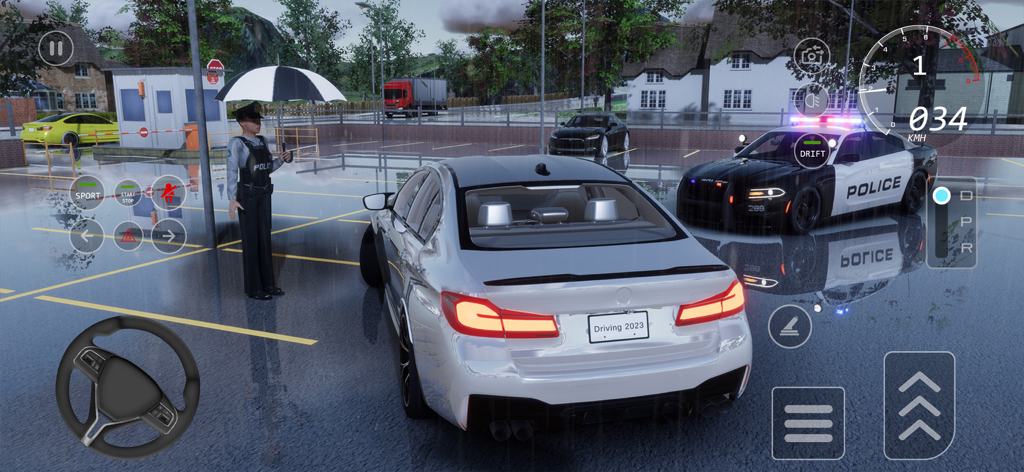 Car Driving 2026 : School Game - Captura de pantalla del juego de un sedán plateado en un control policial durante la lluvia en un simulador de conducción