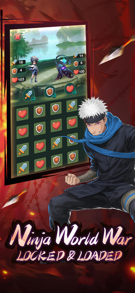 Shinobi Saga: Bloodbound - Shinobi Saga Bloodbound gameplay screen showing tactical puzzle combat and ninja characters