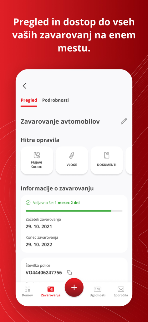 i.triglav - i.triglav app screenshot showing car insurance policy details and quick report options