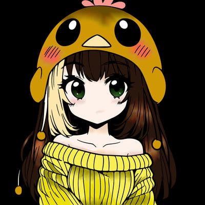 anime girl with chick shaped hat with sweater with bare shoulders with bangs covering them one eye with low tail