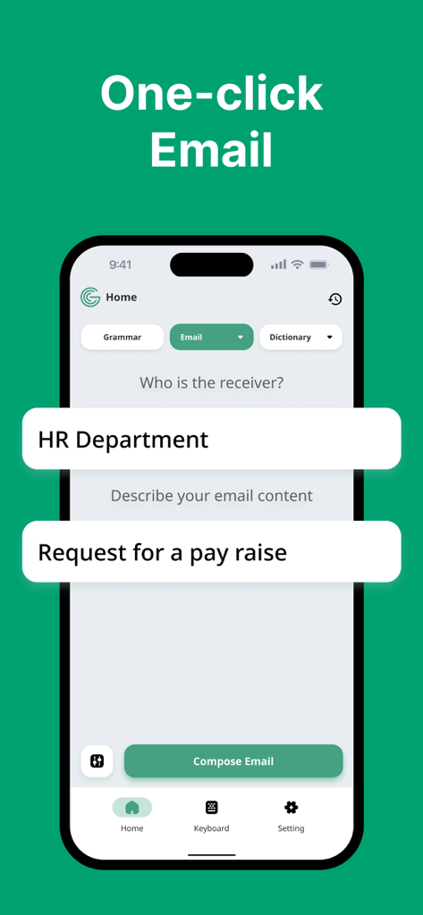 AI Grammar Check app screen showing an automated email draft for a salary increase request.