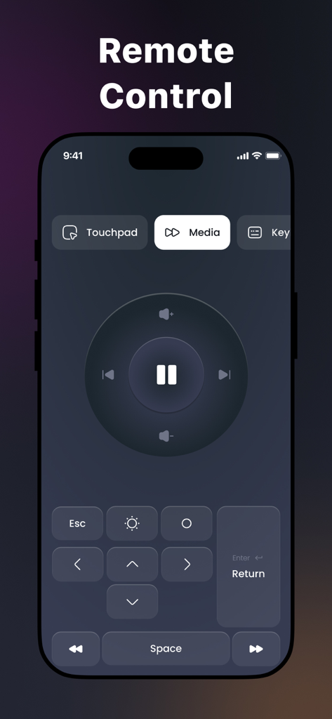 iPhone screen showing a media remote control interface with play pause and volume buttons